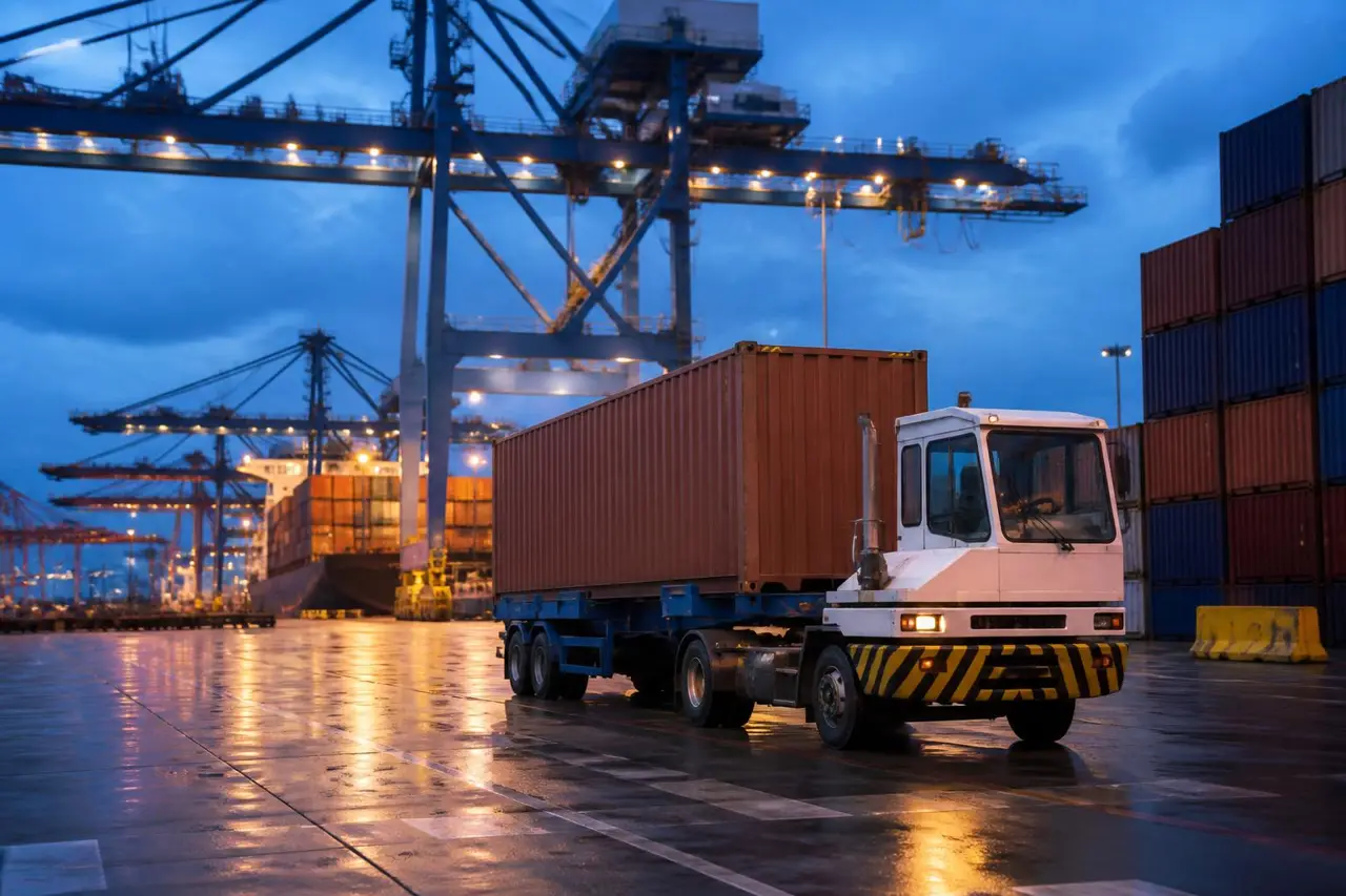 A terminal tractor moving a container chassis at a seaport terminal